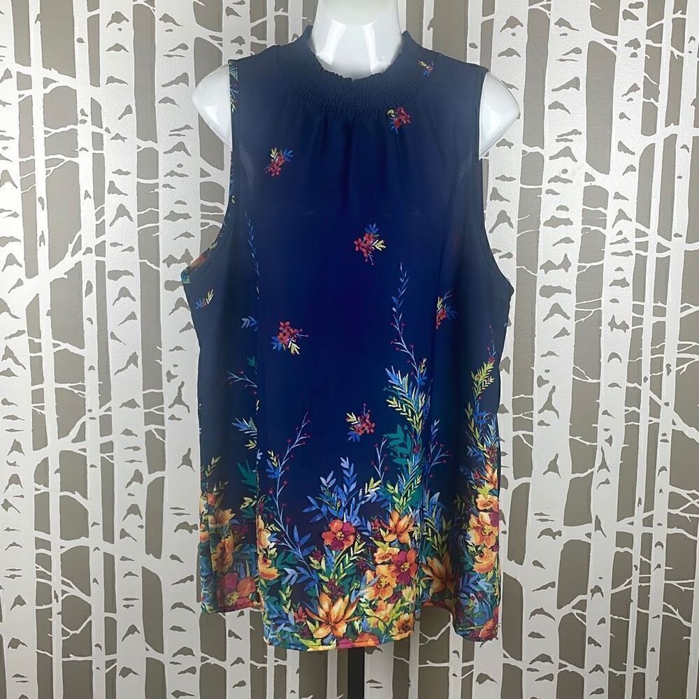 Chenault Smocked Mock Neck Floral Print Sleeveless Blouse 2X